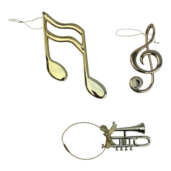 Gold Musical Theme Christmas Tree Ornaments Set Of 3 Notes Treble Clef Trumpet - Picture 1 of 9